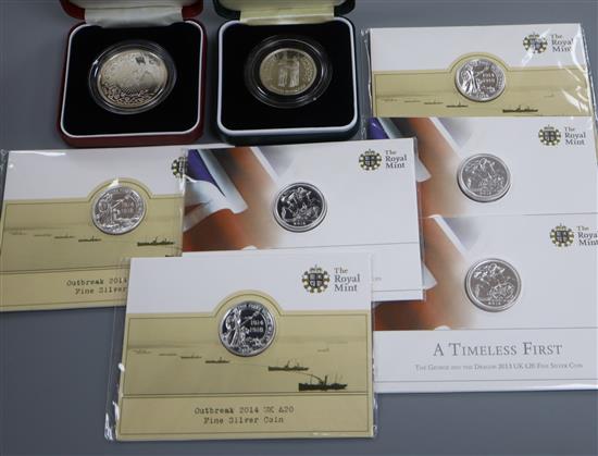 Six UK twenty pound fine silver coins and two silver commemorative coins etc